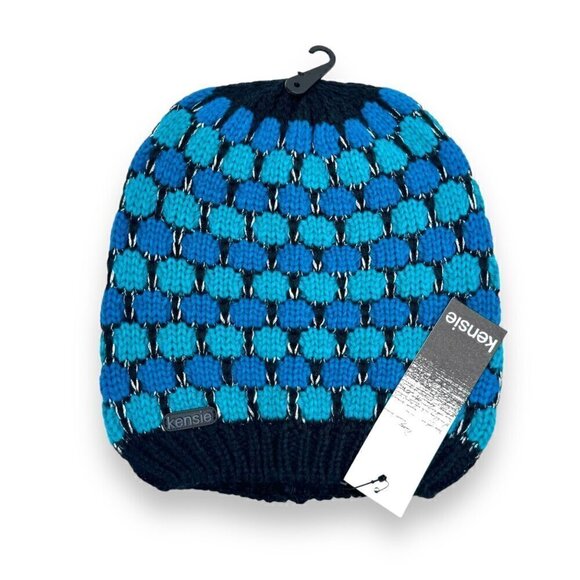 NWT KENSIE Knit Beanie & Infinity Scarf Set 2PCs Blue Turquoise Geometric - Picture 5 of 16